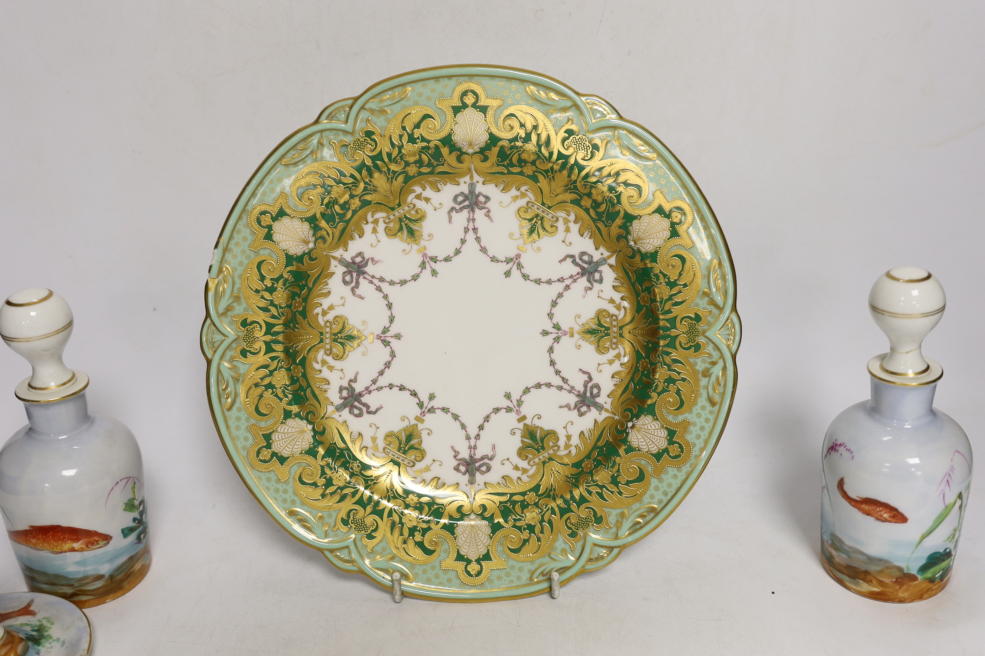 A fish and gilt decorated eight piece dressing table set, two glass scent bottles, two Halcyon Days pots and a Worcester plate, plate 25cm high